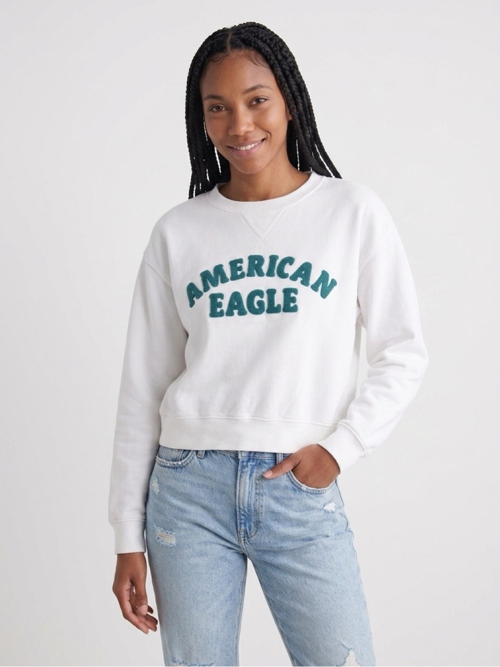 American Eagle White Crewneck Sweatshirt with Teal Logo💚